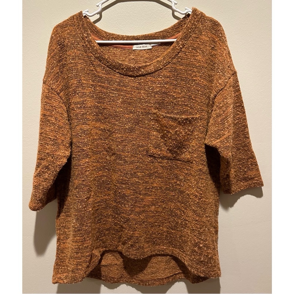 Blue Bird Knit Sweater Top‎ 3/4 Sleeve Burnout Texture Pocket Orange L